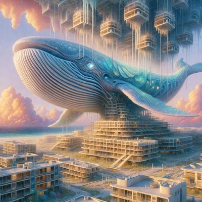 Primary subject: A large blue whale with a white belly, surrounded by a cityscape.

Setting/background: The whale is floating in the air above a city, with buildings and a sky visible in the background.

Visual style: The image is a digital art or illustration, featuring a whale and a cityscape.

Colors and mood: The whale is predominantly blue, while the cityscape is a mix of colors, creating a vibrant and lively atmosphere.